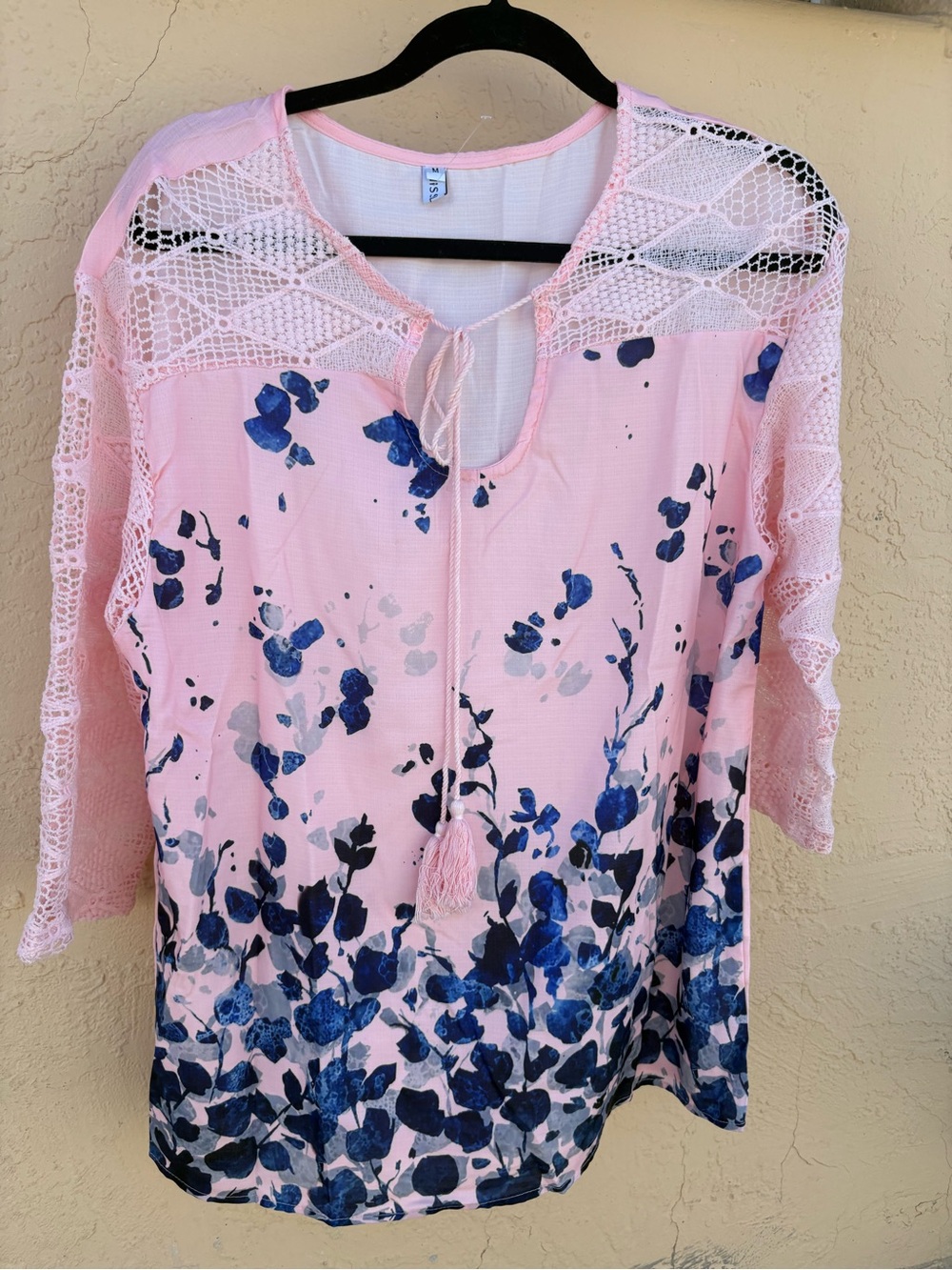 Misslook Pink Blue Watercolor Floral Cold Shoulder Lace Boho Tunic Top XL